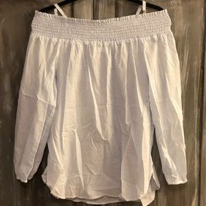 Blue and white striped off the shoulder blouse